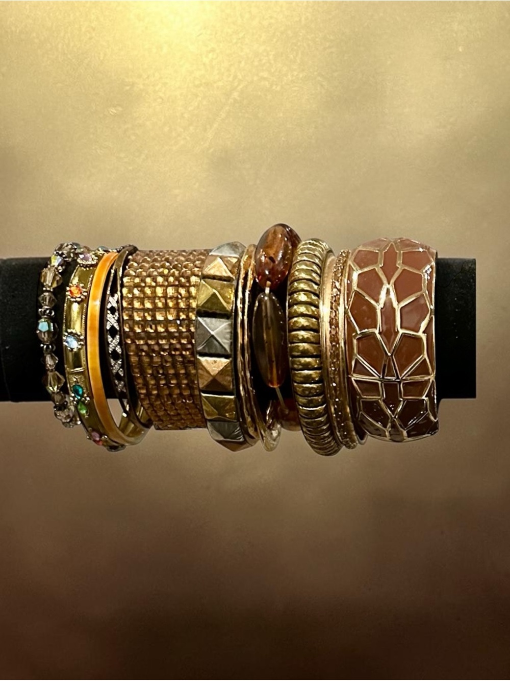 Boho Gold Brown Stacking Bangle Bracelet Set Chunky Textured Mesh Geometric Stac